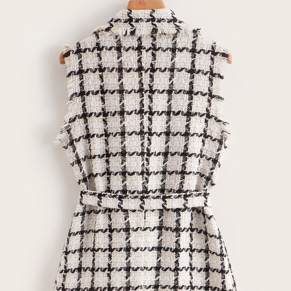 Multicolor Elegant Women's Plaid Pattern Raw Trim Belted Tweed Vest Overcoat - Picture 2 of 4